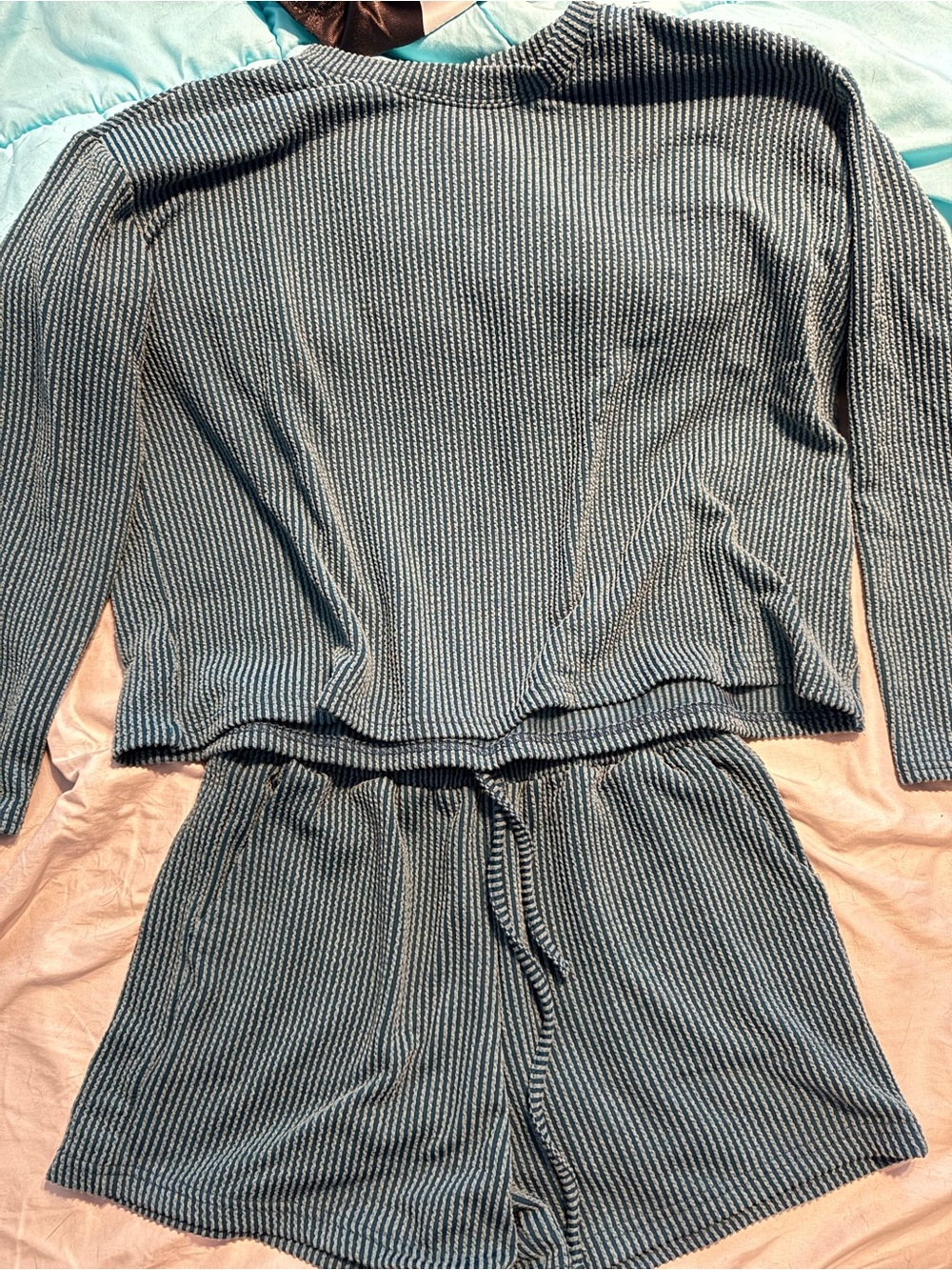 Zenana Teal-Striped Ribbed Lounge Long Sleeve Top & Shorts Set
